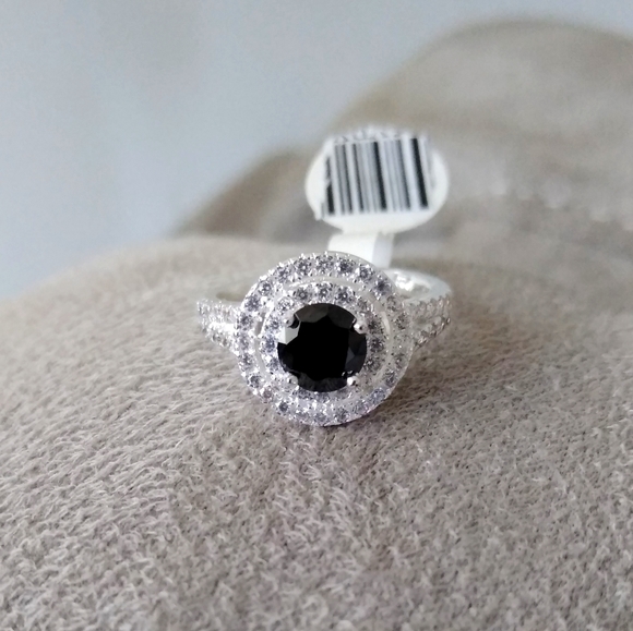 14k WG/Silver Onyx Topaz Round Halo Split Ring sz6